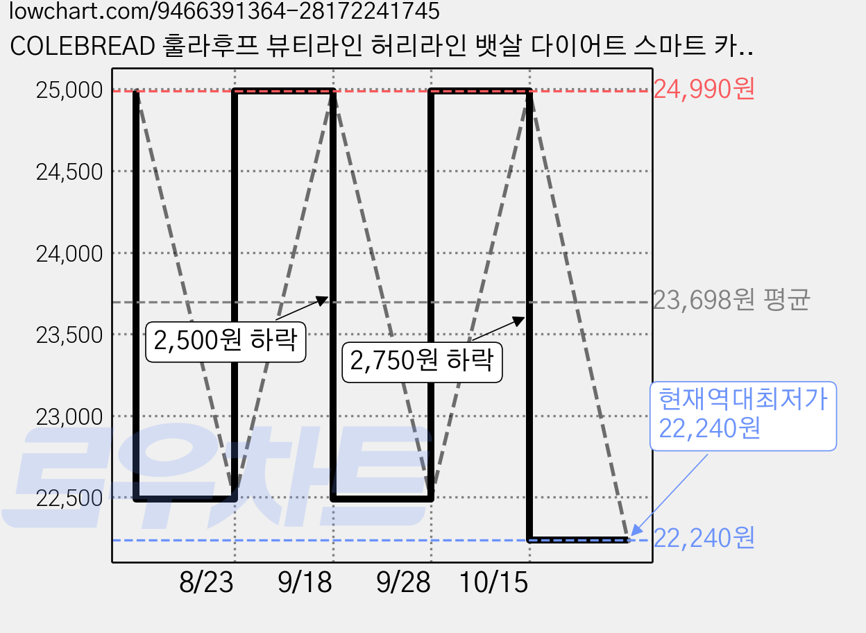 COLEBREAD 훌라후프 뷰티라인 허리라인 뱃살 다이어트 스마트 카운팅 실내용 탈부착 운동기구 길이조절 360도 무게조절 접이식, 1개, 화이트, 1.5kg 가격 변동 차트, 현재가 22,240원, 역대최저가