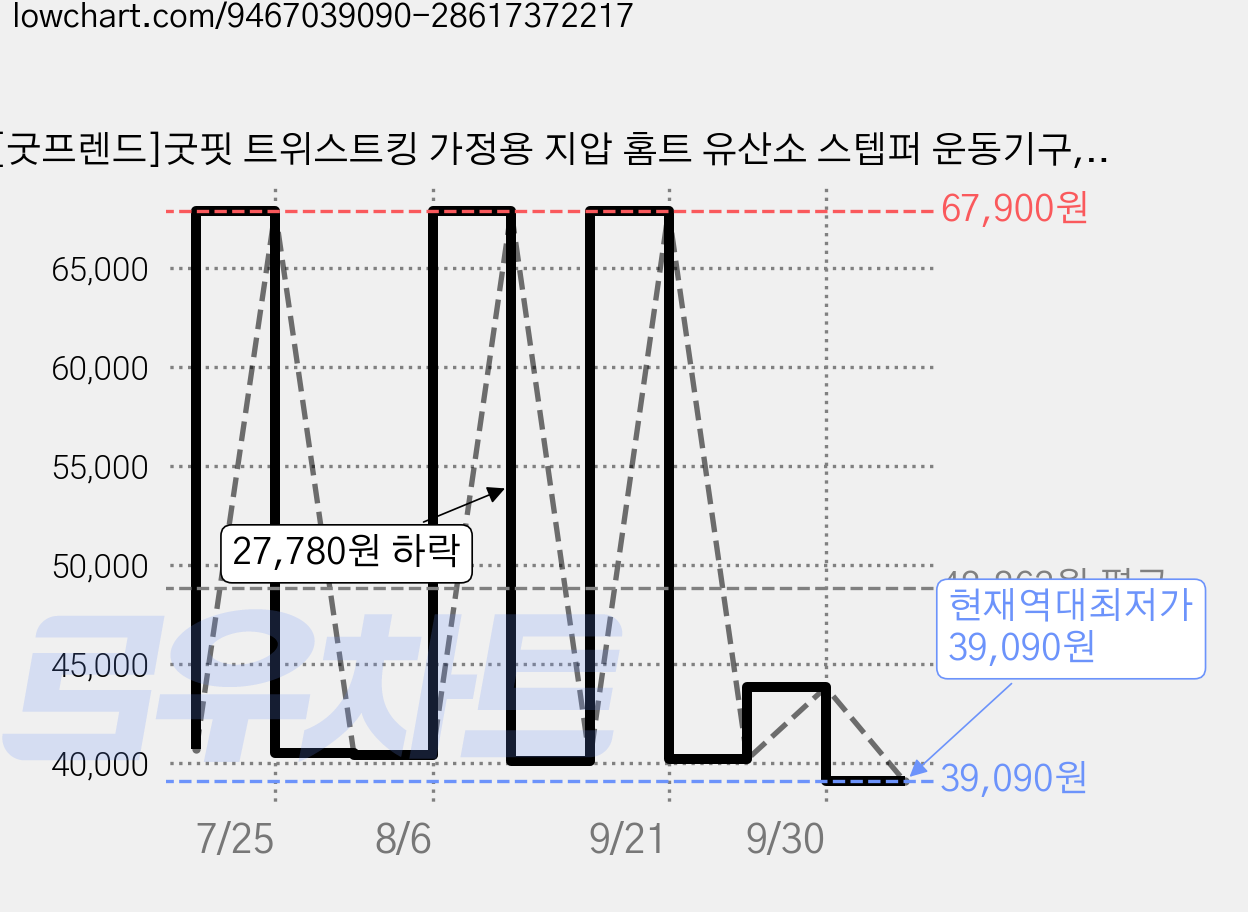 [굿프렌드]굿핏 트위스트킹 가정용 지압 홈트 유산소 스텝퍼 운동기구, 1개, 민트그레이 가격 변동 차트, 현재가 39,090원, 역대최저가