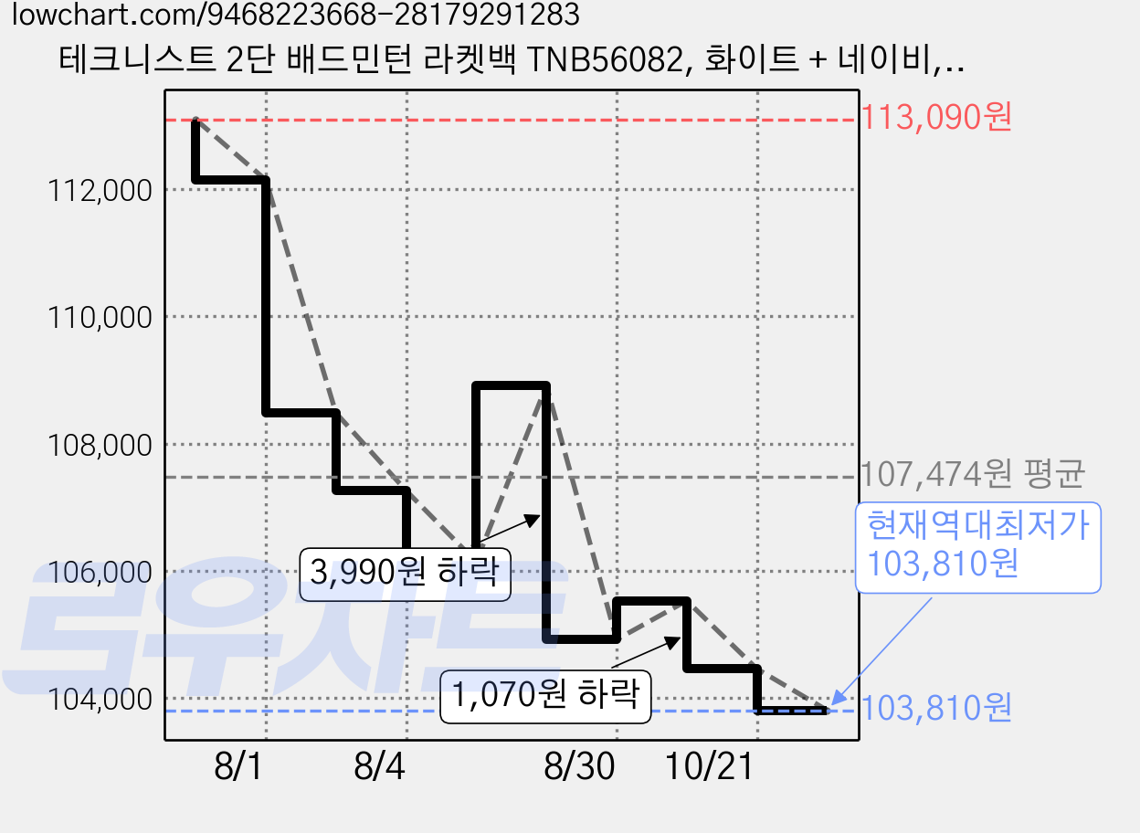 테크니스트 2단 배드민턴 라켓백 TNB56082, 화이트 + 네이비, 1개 가격 변동 차트, 현재가 103,810원, 역대최저가