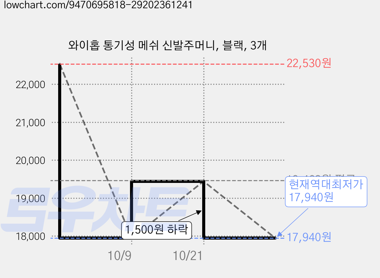 와이홉 통기성 메쉬 신발주머니, 블랙, 3개 가격 변동 차트, 현재가 17,940원, 역대최저가