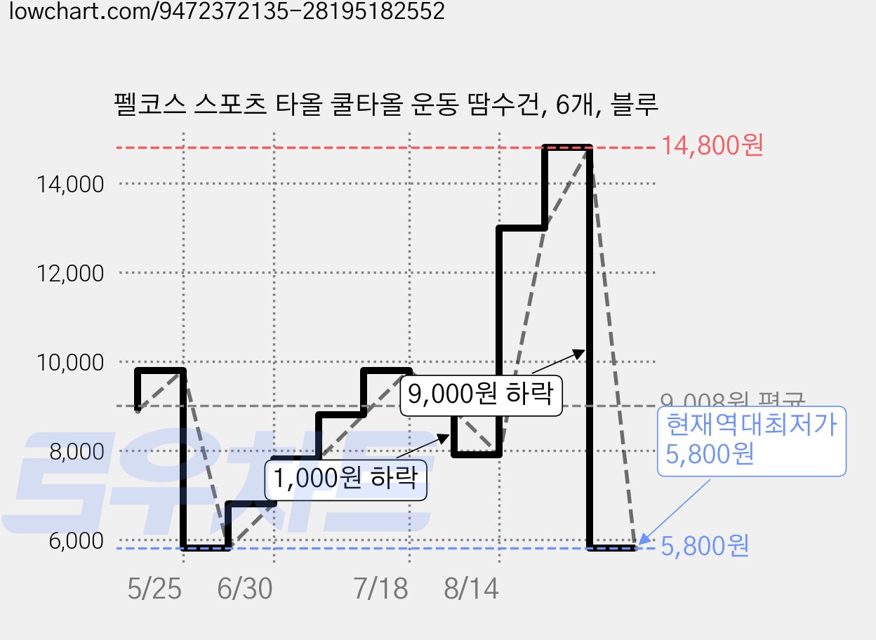 펠코스 스포츠 타올 쿨타올 운동 땀수건, 6개, 블루 가격 변동 차트, 현재가 5,800원, 역대최저가