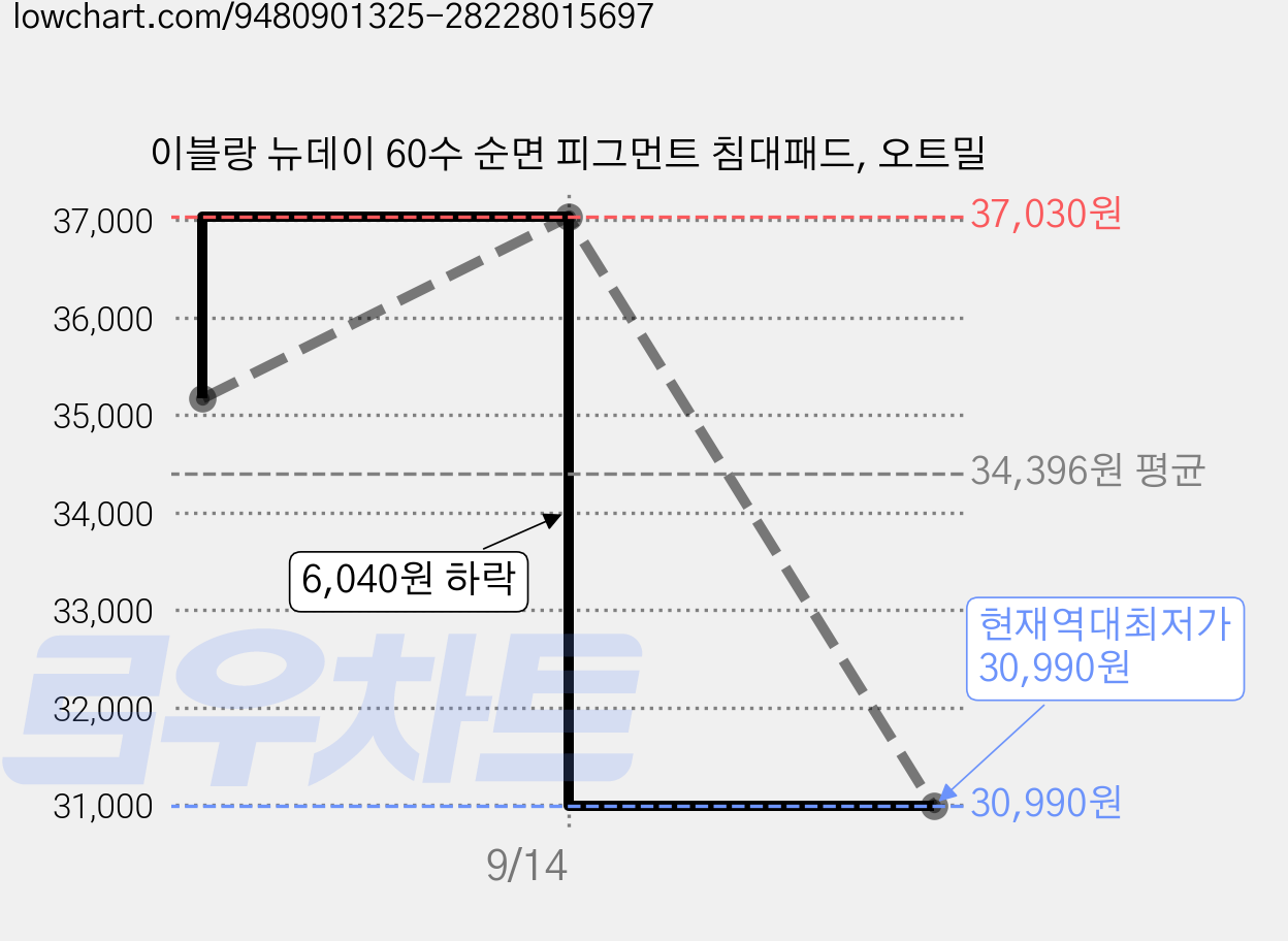 이블랑 뉴데이 60수 순면 피그먼트 침대패드, 오트밀 가격 변동 차트, 현재가 30,990원, 역대최저가
