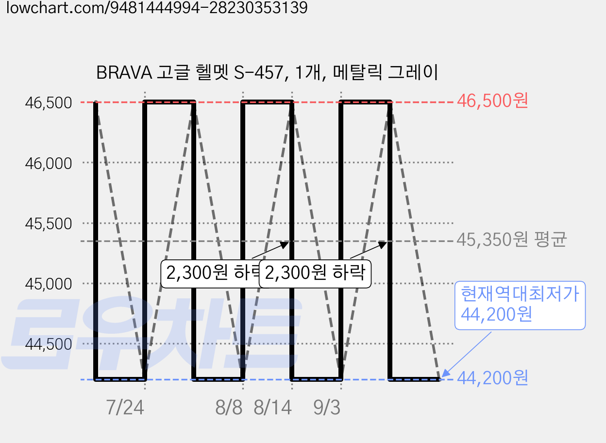 BRAVA 고글 헬멧 S-457, 1개, 메탈릭 그레이 가격 변동 차트, 현재가 44,200원, 역대최저가
