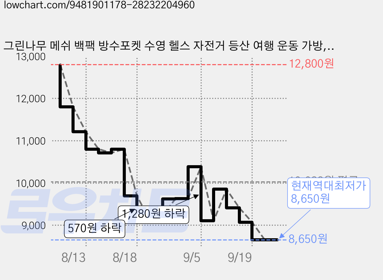 그린나무 메쉬 백팩 방수포켓 수영 헬스 자전거 등산 여행 운동 가방, 1개, 블랙(BEST) 가격 변동 차트, 현재가 8,650원, 역대최저가