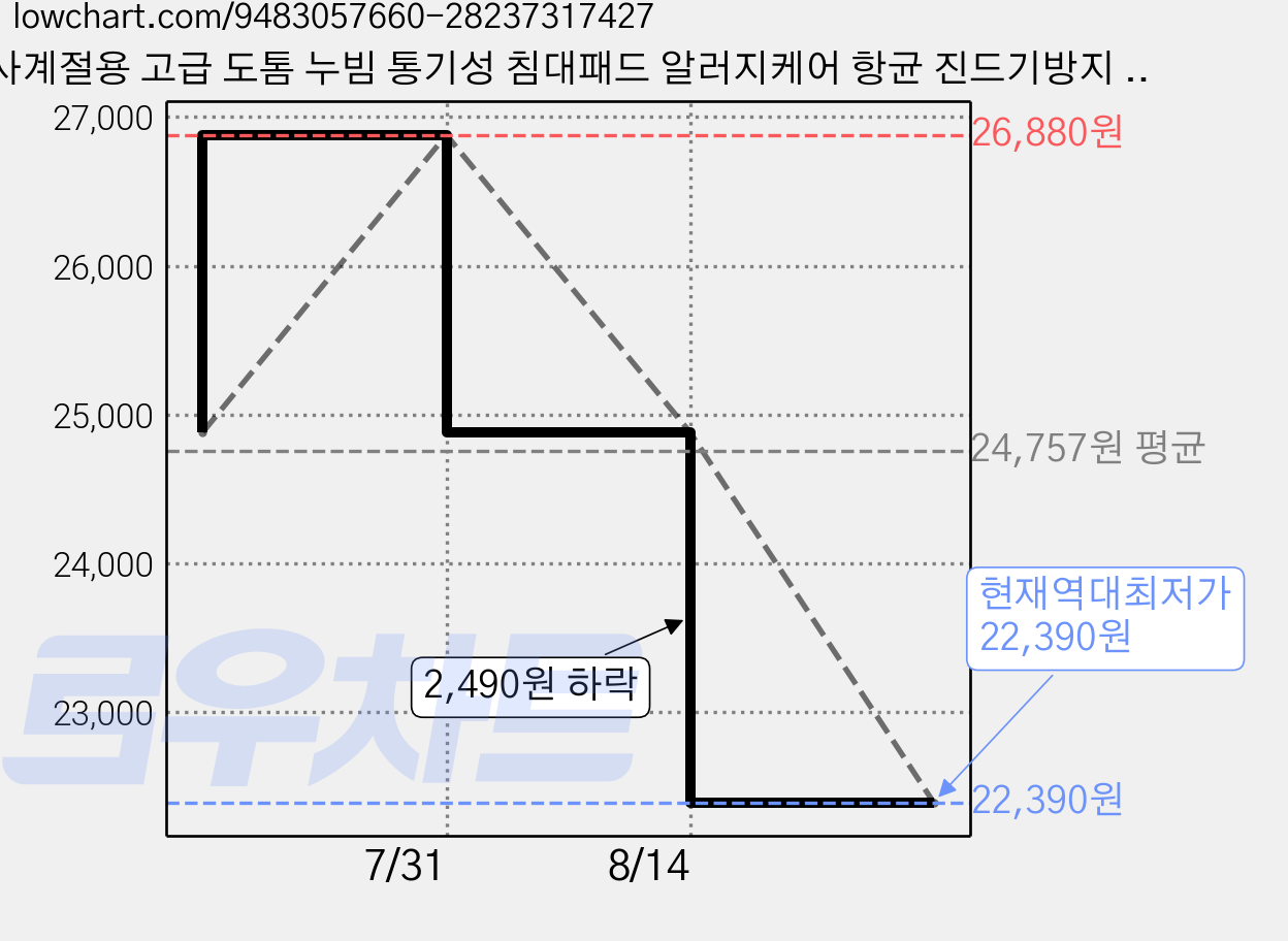 사계절용 고급 도톰 누빔 통기성 침대패드 알러지케어 항균 진드기방지 논슬립 고정밴딩 침대시트 매트리스 전용, 화이트 가격 변동 차트, 현재가 22,390원, 역대최저가