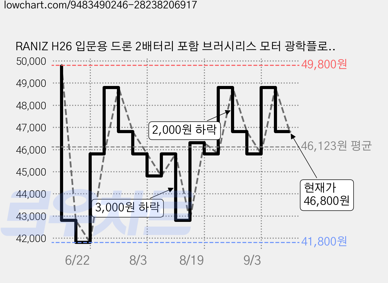 RANIZ H26 입문용 드론 2배터리 포함 브러시리스 모터 광학플로우 90도 전동카메라, 1개, 블랙 가격 변동 차트, 현재가 46,800원, 관측 최저가 41,800원