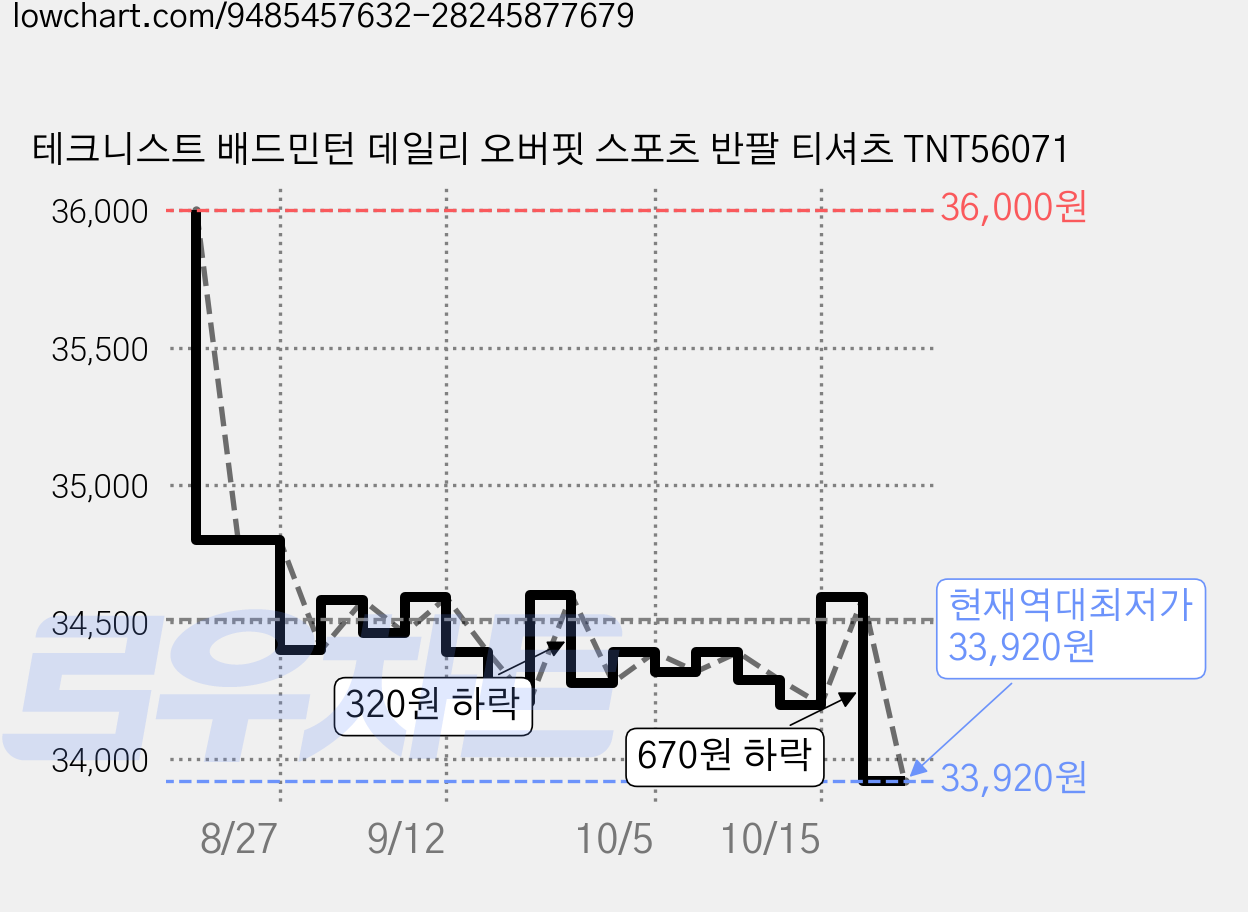 테크니스트 배드민턴 데일리 오버핏 스포츠 반팔 티셔츠 TNT56071 가격 변동 차트, 현재가 33,920원, 역대최저가