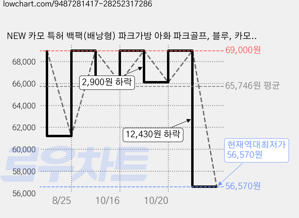 NEW 카모 특허 백팩(배낭형) 파크가방 아화 파크골프, 블루, 카모블루 가격 변동 차트, 현재가 56,570원, 역대최저가
