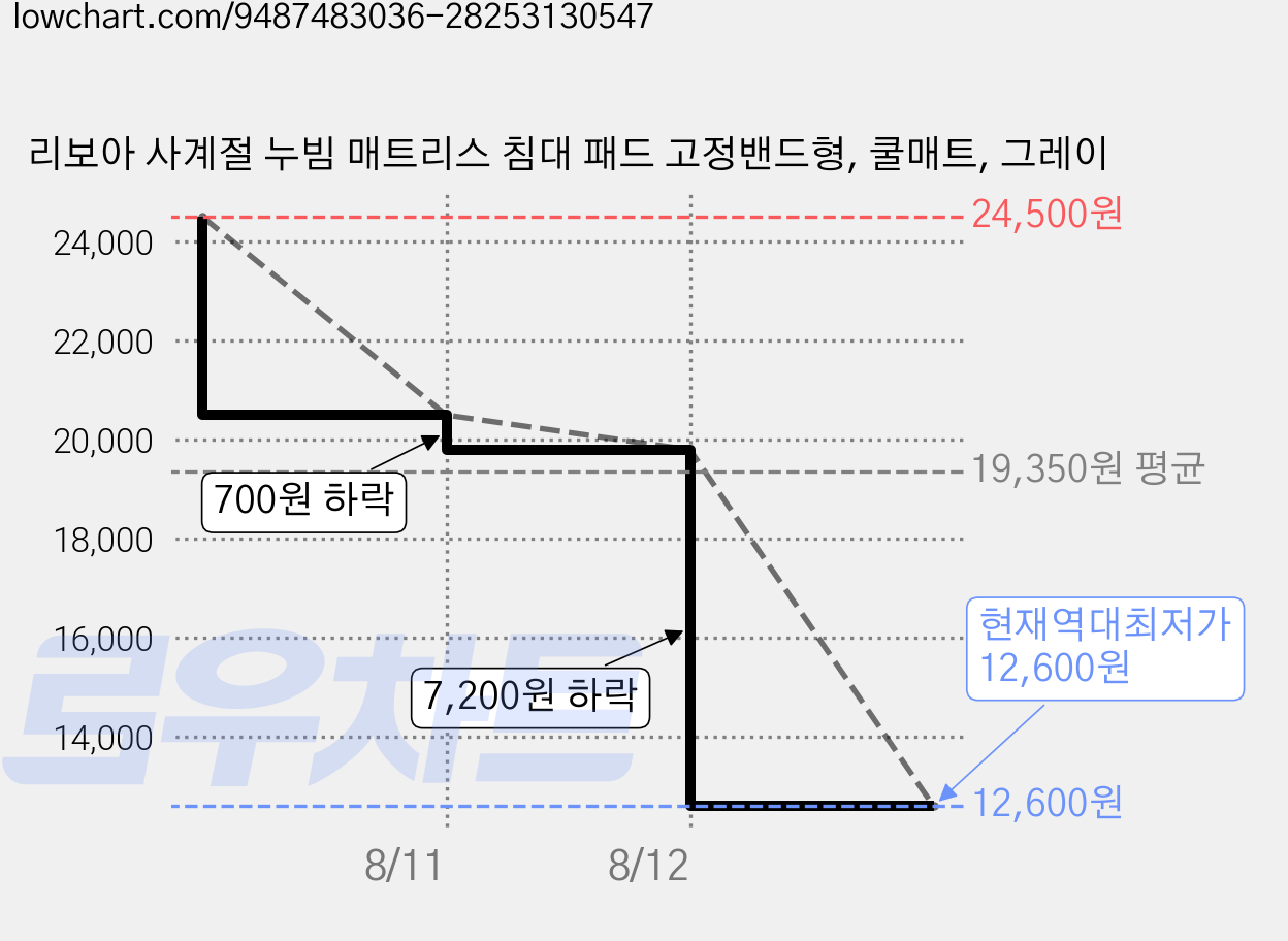 리보아 사계절 누빔 매트리스 침대 패드 고정밴드형, 쿨매트, 그레이 가격 변동 차트, 현재가 12,600원, 역대최저가