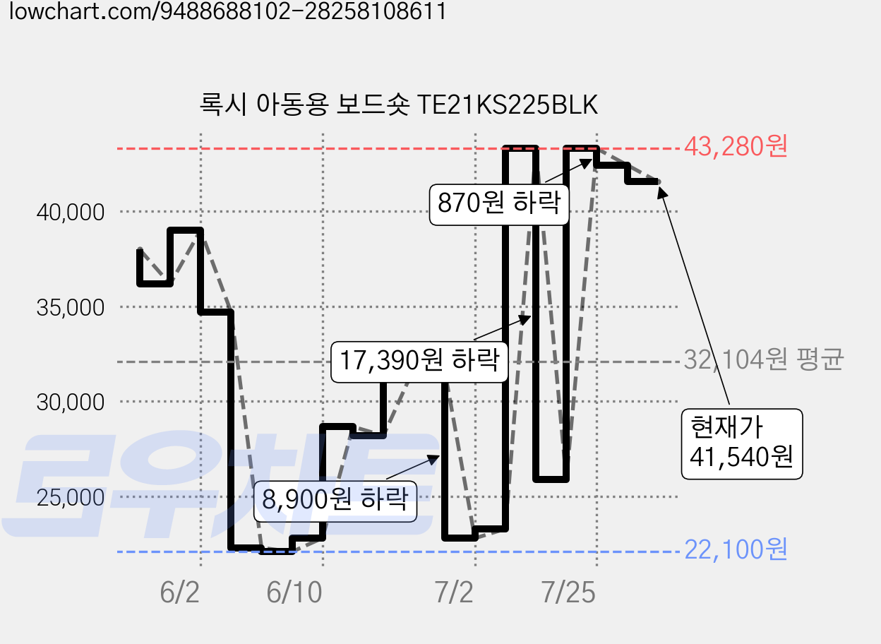 록시 아동용 보드숏 TE21KS225BLK 가격 변동 차트, 현재가 41,540원, 관측 최저가 22,100원