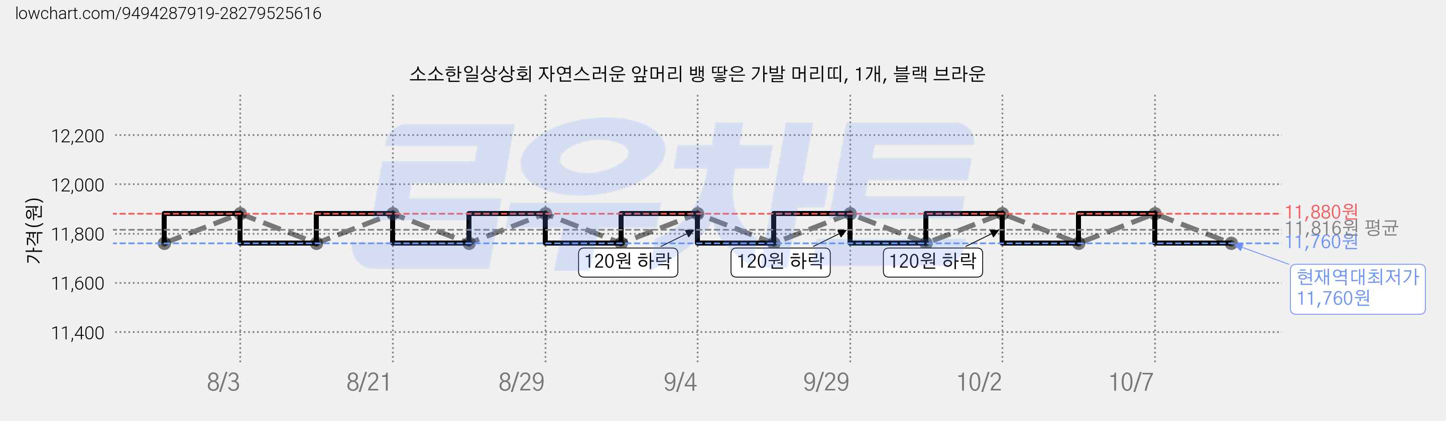 소소한일상상회 자연스러운 앞머리 뱅 땋은 가발 머리띠, 1개, 블랙 브라운 가격 변동 차트, 현재가 11,760원, 역대최저가