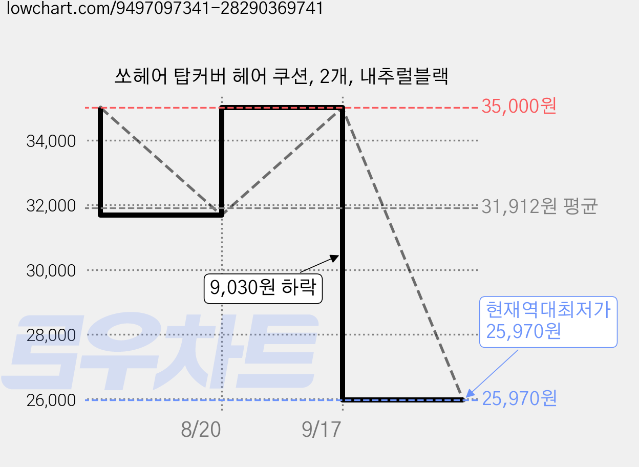 쏘헤어 탑커버 헤어 쿠션, 2개, 내추럴블랙 가격 변동 차트, 현재가 25,970원, 역대최저가
