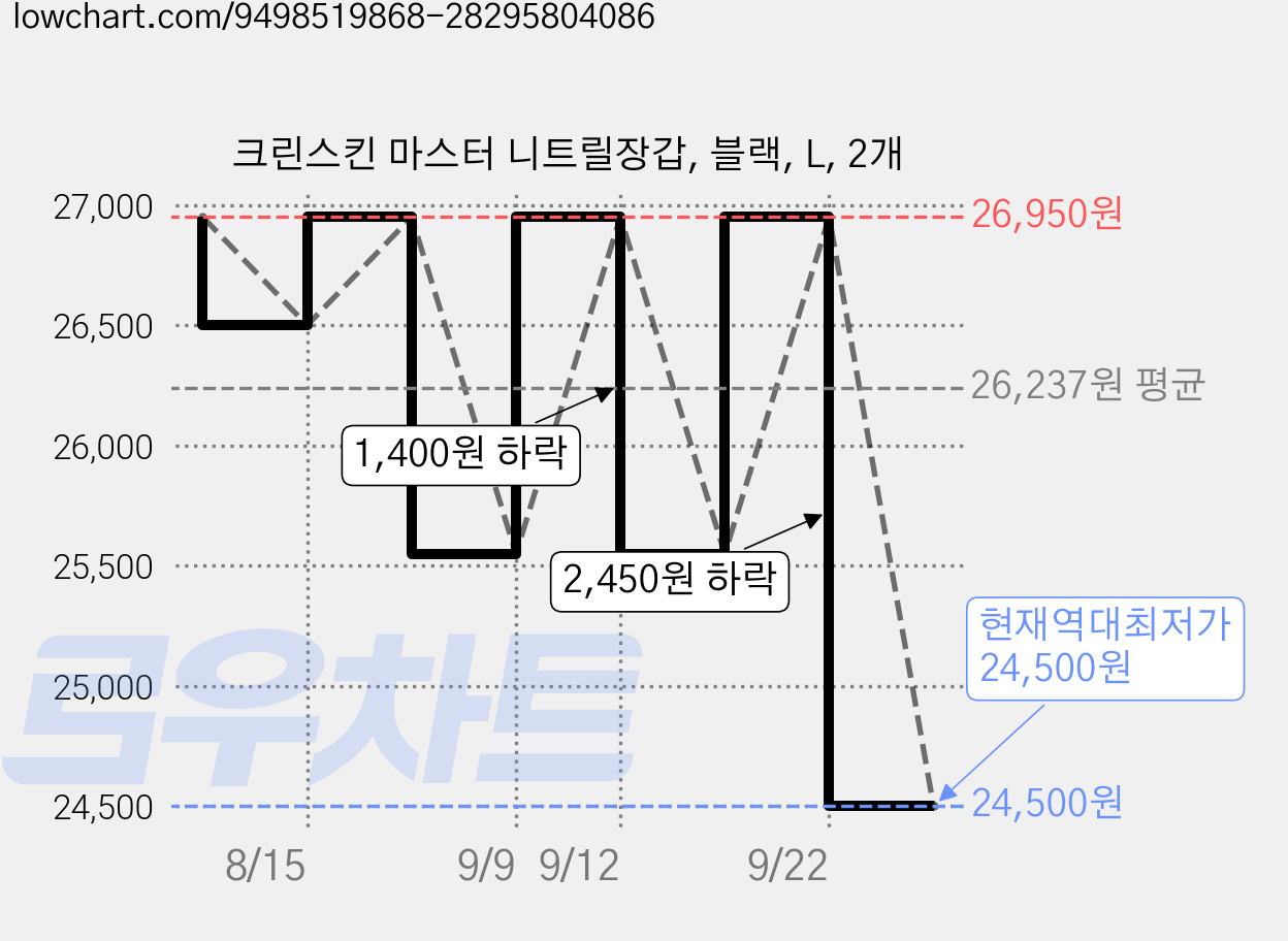 크린스킨 마스터 니트릴장갑, 블랙, L, 2개 가격 변동 차트, 현재가 24,500원, 역대최저가