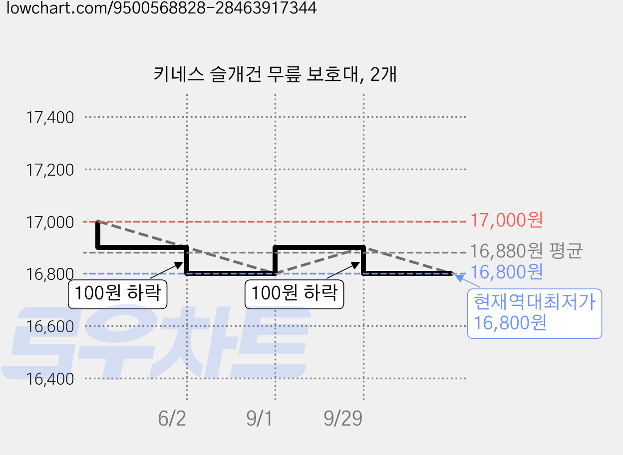 키네스 슬개건 무릎 보호대, 2개 가격 변동 차트, 현재가 16,800원, 역대최저가