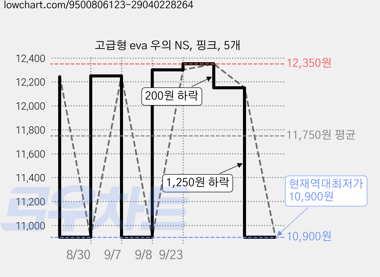 고급형 eva 우의 NS, 핑크, 5개 가격 변동 차트, 현재가 10,900원, 역대최저가
