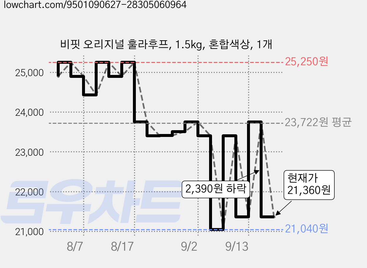 비핏 오리지널 훌라후프, 1.5kg, 혼합색상, 1개 가격 변동 차트, 현재가 21,360원, 관측 최저가 21,040원