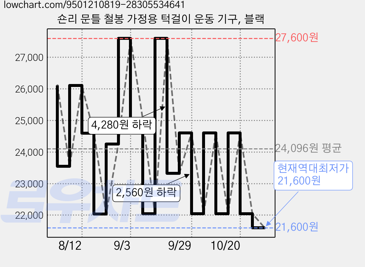 숀리 문틀 철봉 가정용 턱걸이 운동 기구, 블랙 가격 변동 차트, 현재가 21,600원, 역대최저가