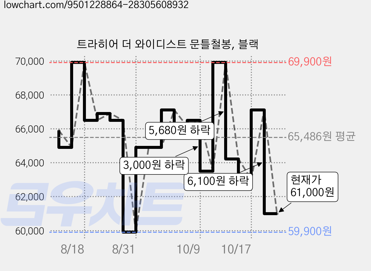 트라히어 더 와이디스트 문틀철봉, 블랙 가격 변동 차트, 현재가 61,000원, 관측 최저가 59,900원
