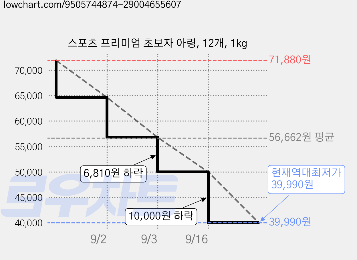 스포츠 프리미엄 초보자 아령, 12개, 1kg 가격 변동 차트, 현재가 39,990원, 역대최저가