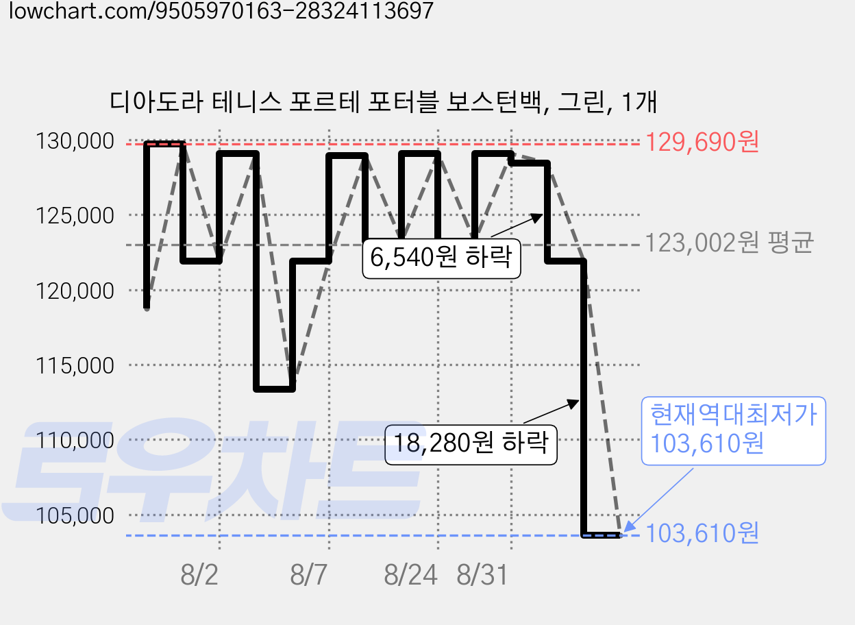 디아도라 테니스 포르테 포터블 보스턴백, 그린, 1개 가격 변동 차트, 현재가 103,610원, 역대최저가