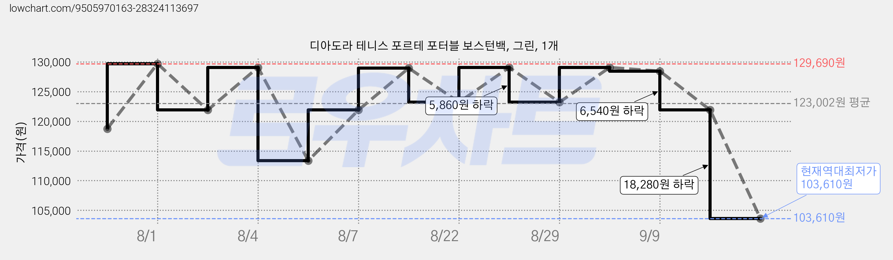 디아도라 테니스 포르테 포터블 보스턴백, 그린, 1개 가격 변동 차트, 현재가 103,610원, 역대최저가