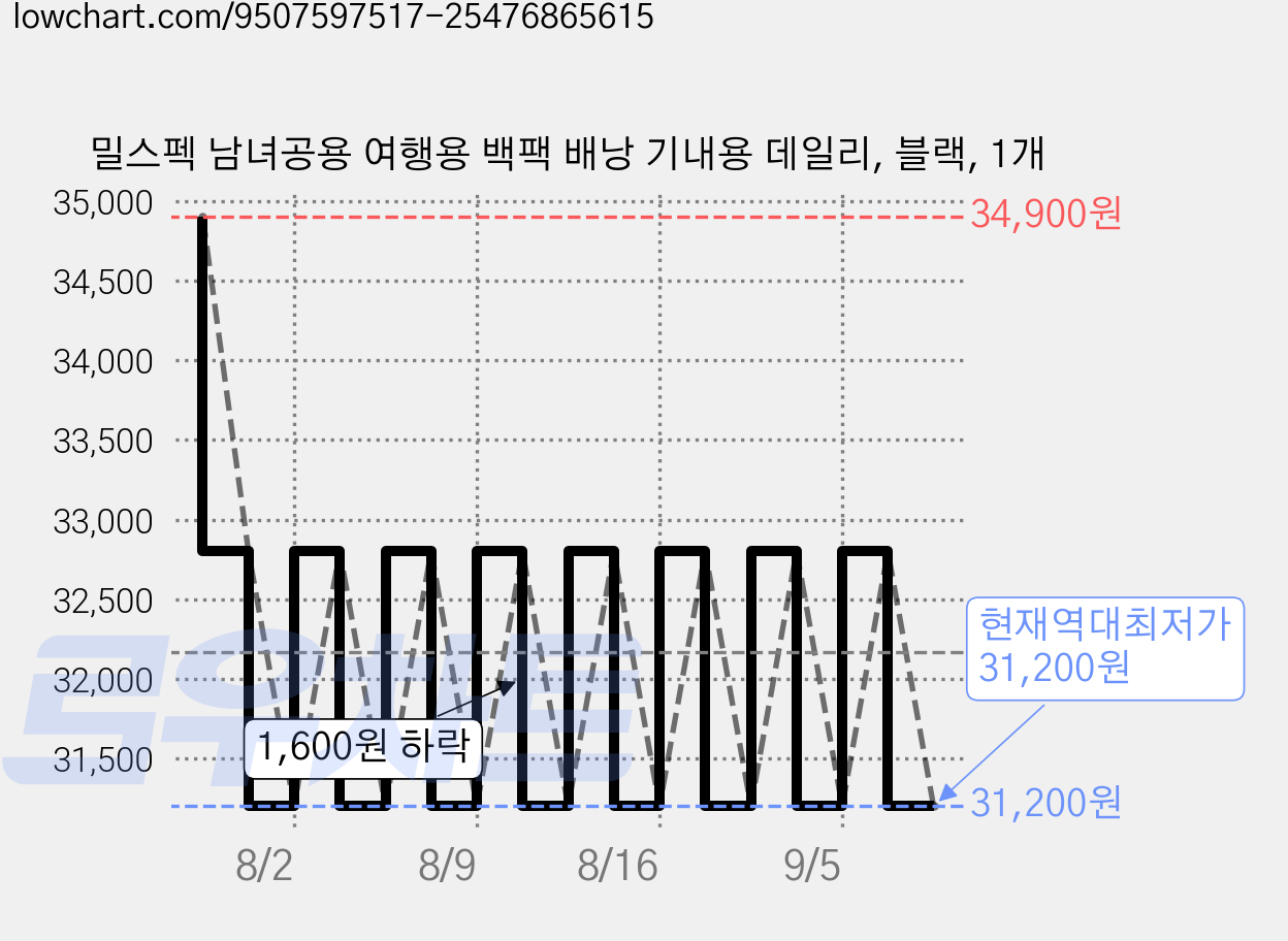 밀스펙 남녀공용 여행용 백팩 배낭 기내용 데일리, 블랙, 1개 가격 변동 차트, 현재가 31,200원, 역대최저가