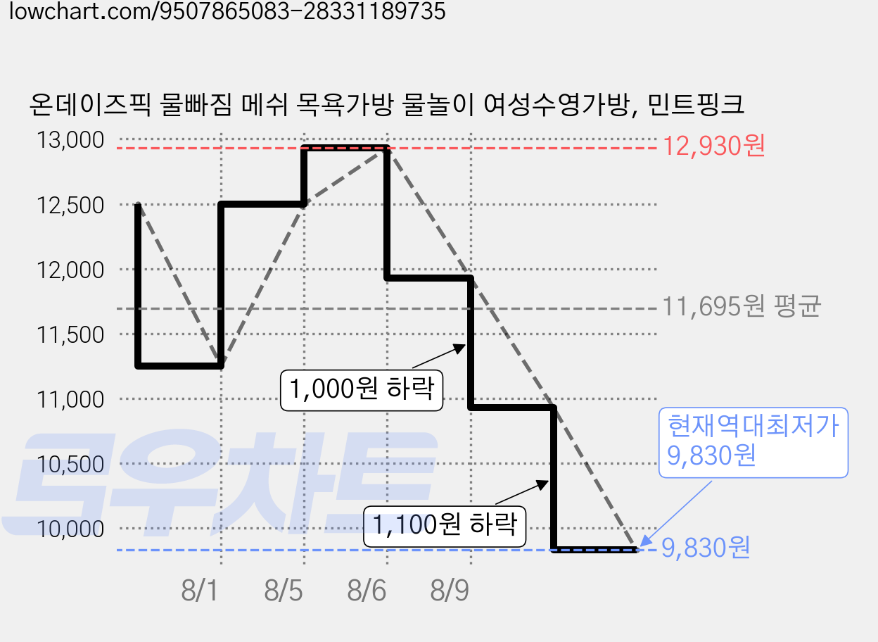 온데이즈픽 물빠짐 메쉬 목욕가방 물놀이 여성수영가방, 민트핑크 가격 변동 차트, 현재가 9,830원, 역대최저가