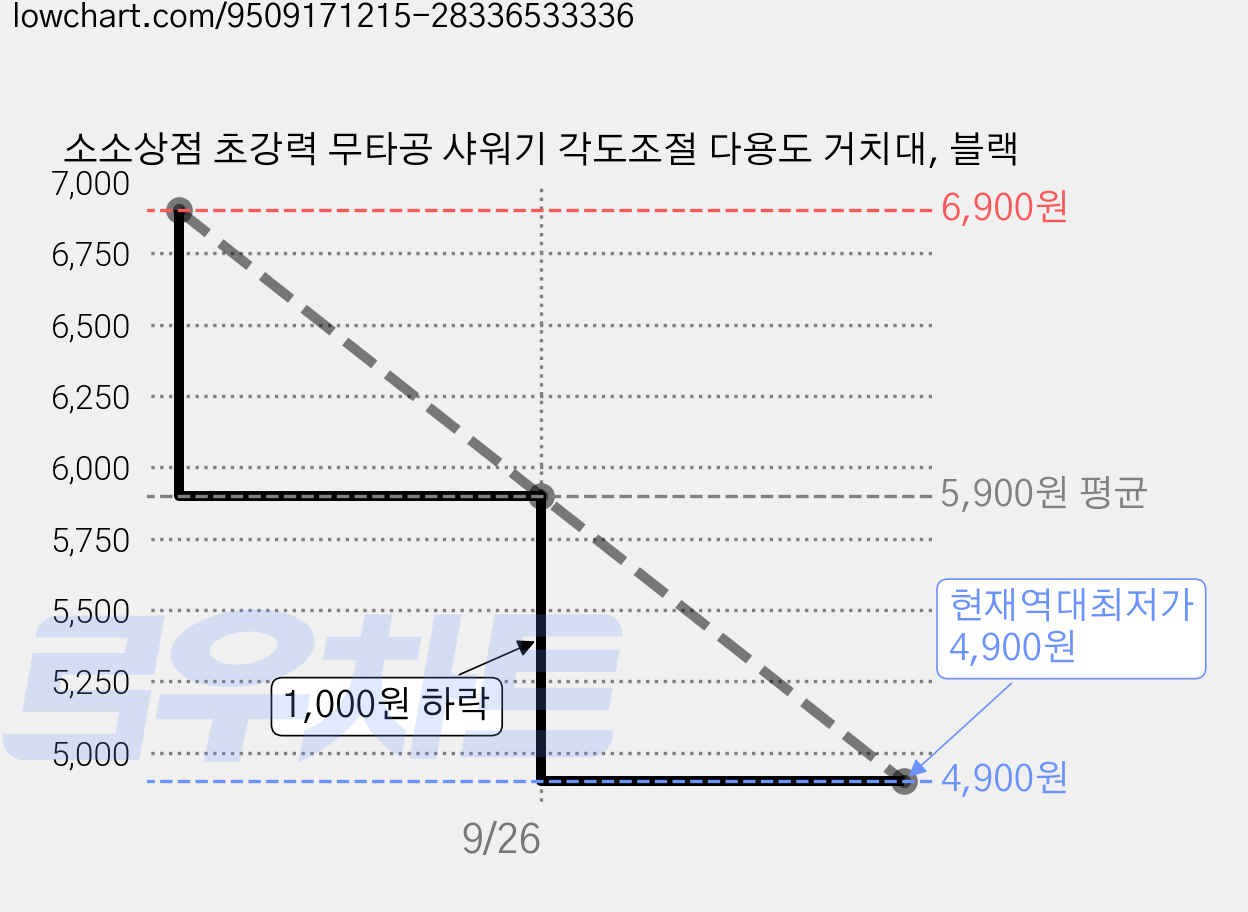 소소상점 초강력 무타공 샤워기 각도조절 다용도 거치대, 블랙 가격 변동 차트, 현재가 4,900원, 역대최저가