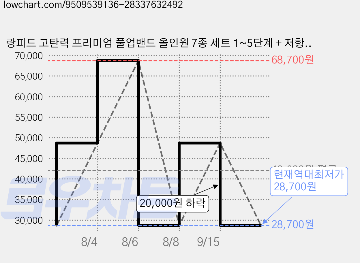 랑피드 고탄력 프리미엄 풀업밴드 올인원 7종 세트 1~5단계 + 저항운동, 1+2+3+4+5+저항운동2종, 1세트 가격 변동 차트, 현재가 28,700원, 역대최저가