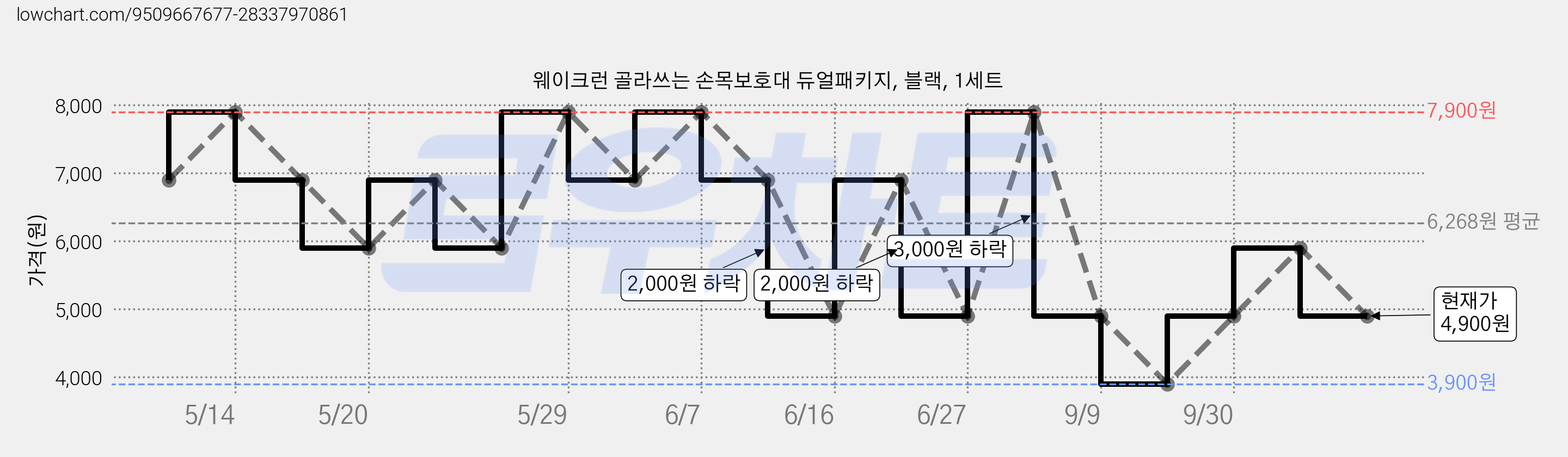 웨이크런 골라쓰는 손목보호대 듀얼패키지, 블랙, 1세트 가격 변동 차트, 현재가 4,900원, 관측 최저가 3,900원