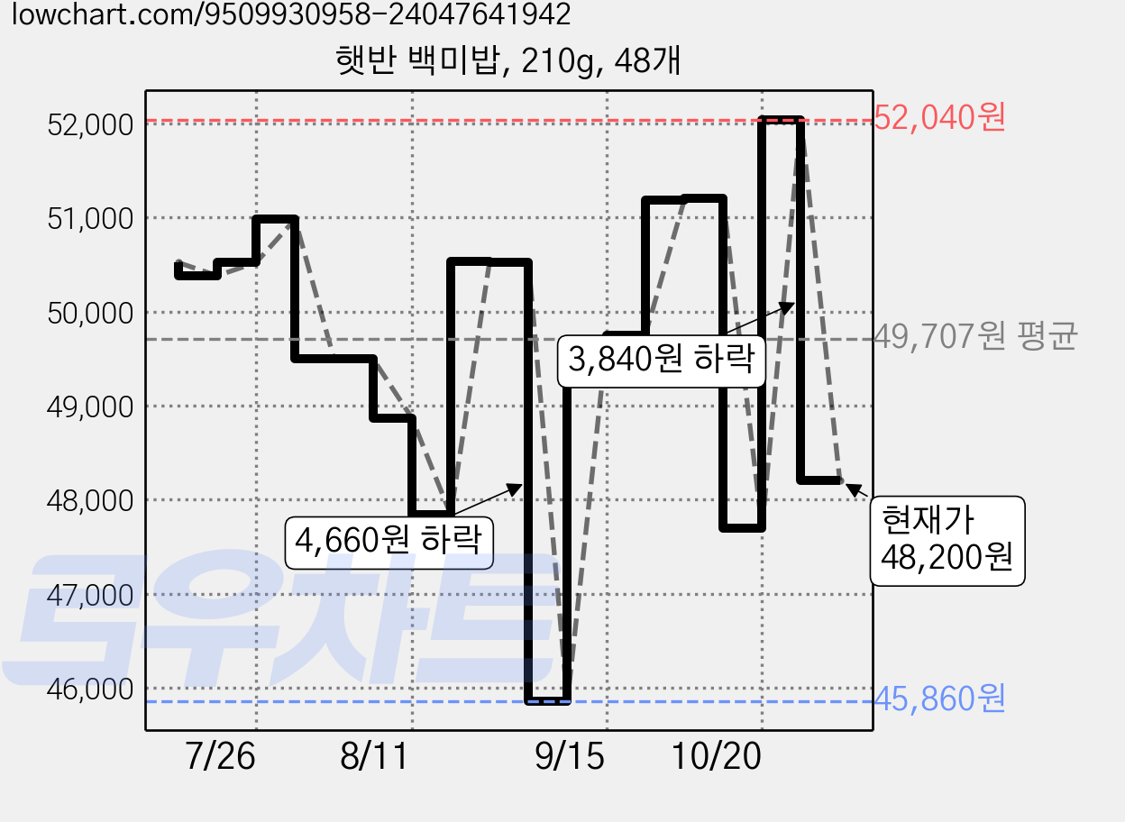 햇반 백미밥, 210g, 48개 가격 변동 차트, 현재가 48,200원, 관측 최저가 45,860원