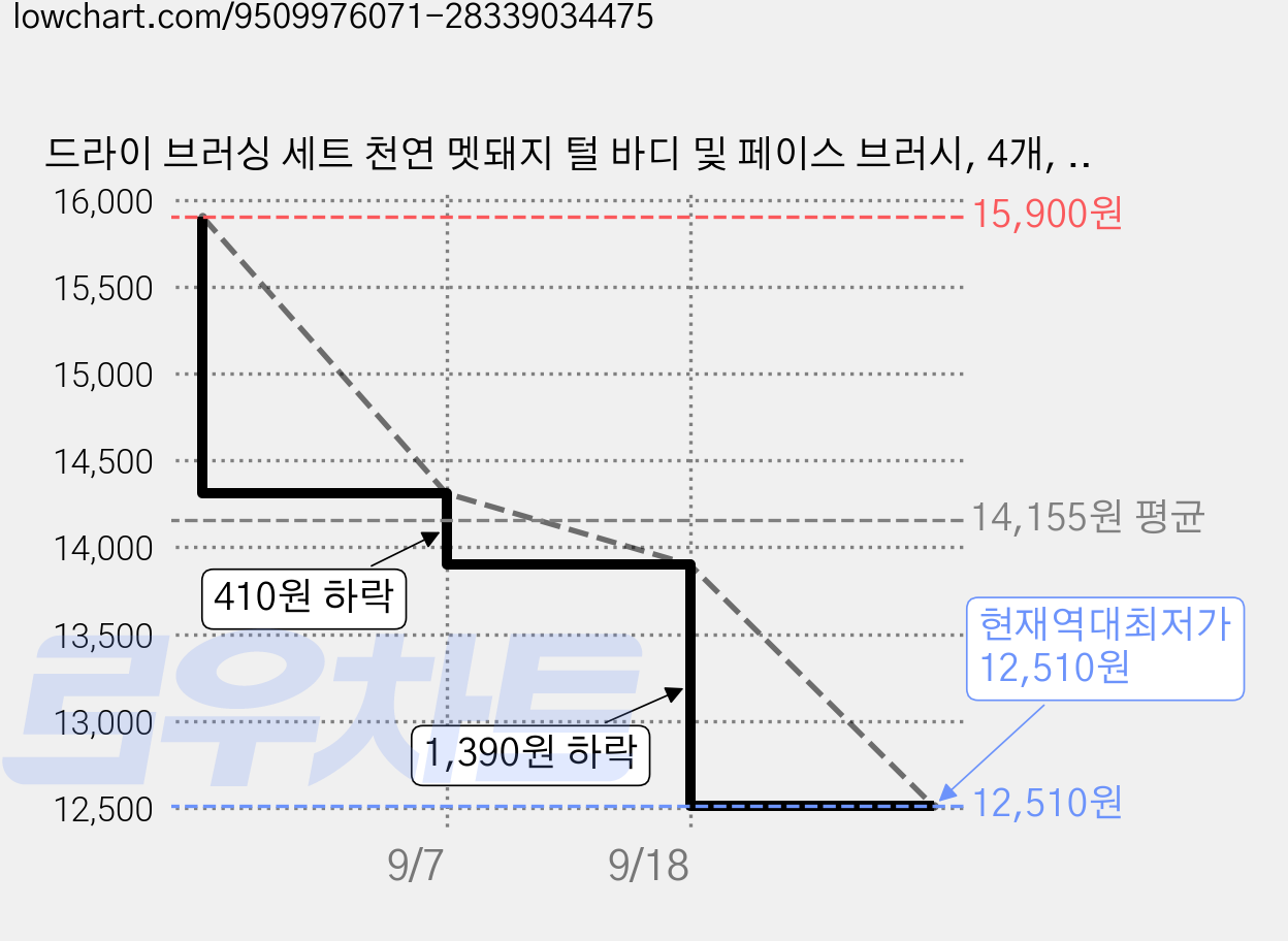 드라이 브러싱 세트 천연 멧돼지 털 바디 및 페이스 브러시, 4개, 1세트, 나무색 가격 변동 차트, 현재가 12,510원, 역대최저가
