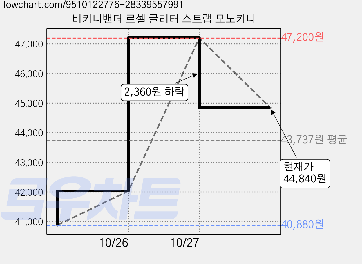 비키니밴더 르셀 글리터 스트랩 모노키니 가격 변동 차트, 현재가 44,840원, 관측 최저가 40,880원