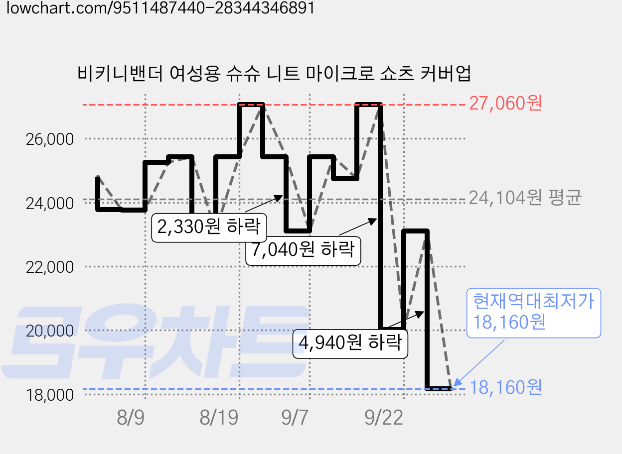 비키니밴더 여성용 슈슈 니트 마이크로 쇼츠 커버업 가격 변동 차트, 현재가 18,160원, 역대최저가