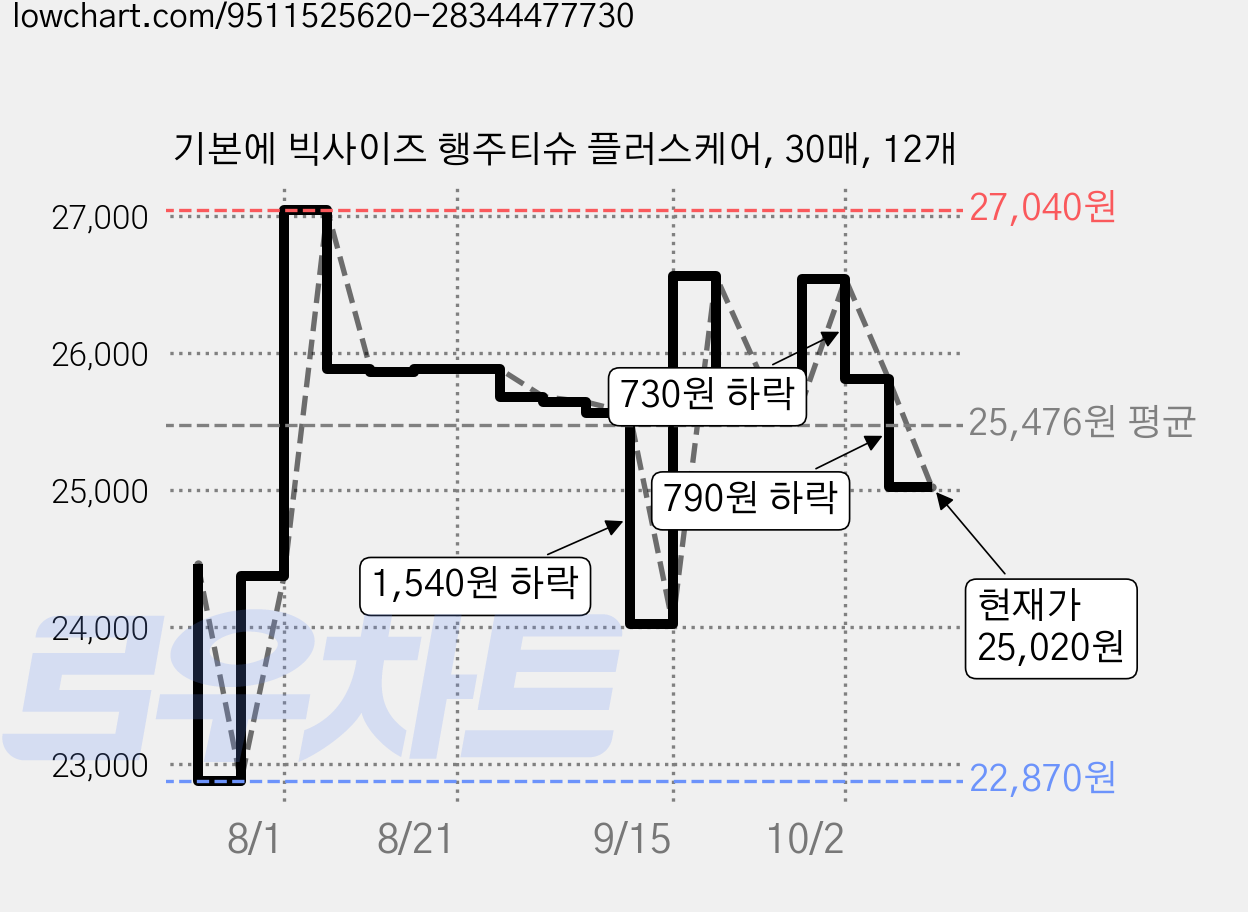기본에 빅사이즈 행주티슈 플러스케어, 30매, 12개 가격 변동 차트, 현재가 25,020원, 관측 최저가 22,870원