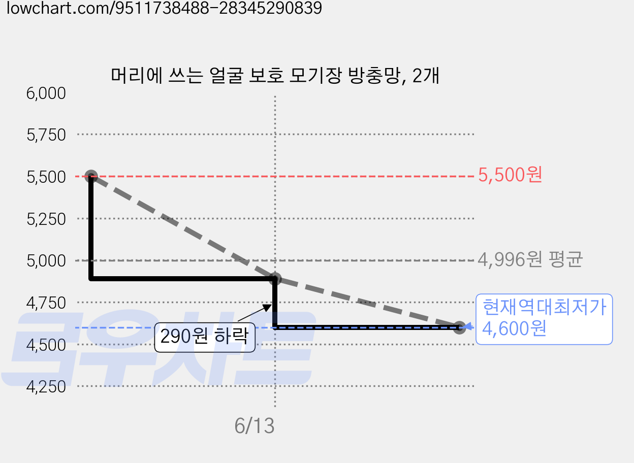 머리에 쓰는 얼굴 보호 모기장 방충망, 2개 가격 변동 차트, 현재가 4,600원, 역대최저가