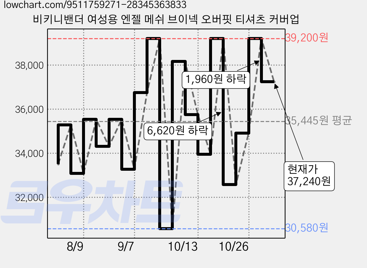 비키니밴더 여성용 엔젤 메쉬 브이넥 오버핏 티셔츠 커버업 가격 변동 차트, 현재가 37,240원, 관측 최저가 29,740원