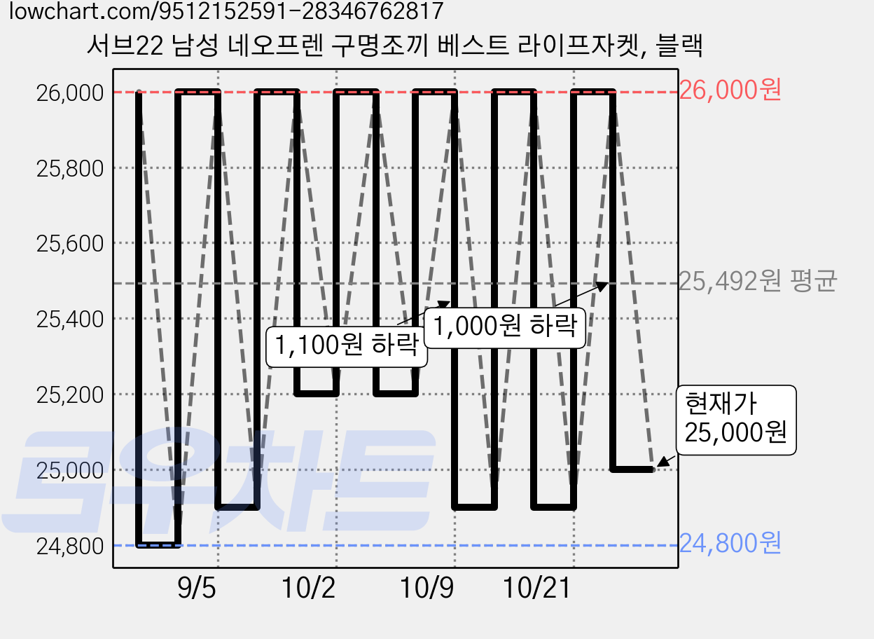 서브22 남성 네오프렌 구명조끼 베스트 라이프자켓, 블랙 가격 변동 차트, 현재가 25,000원, 관측 최저가 24,800원
