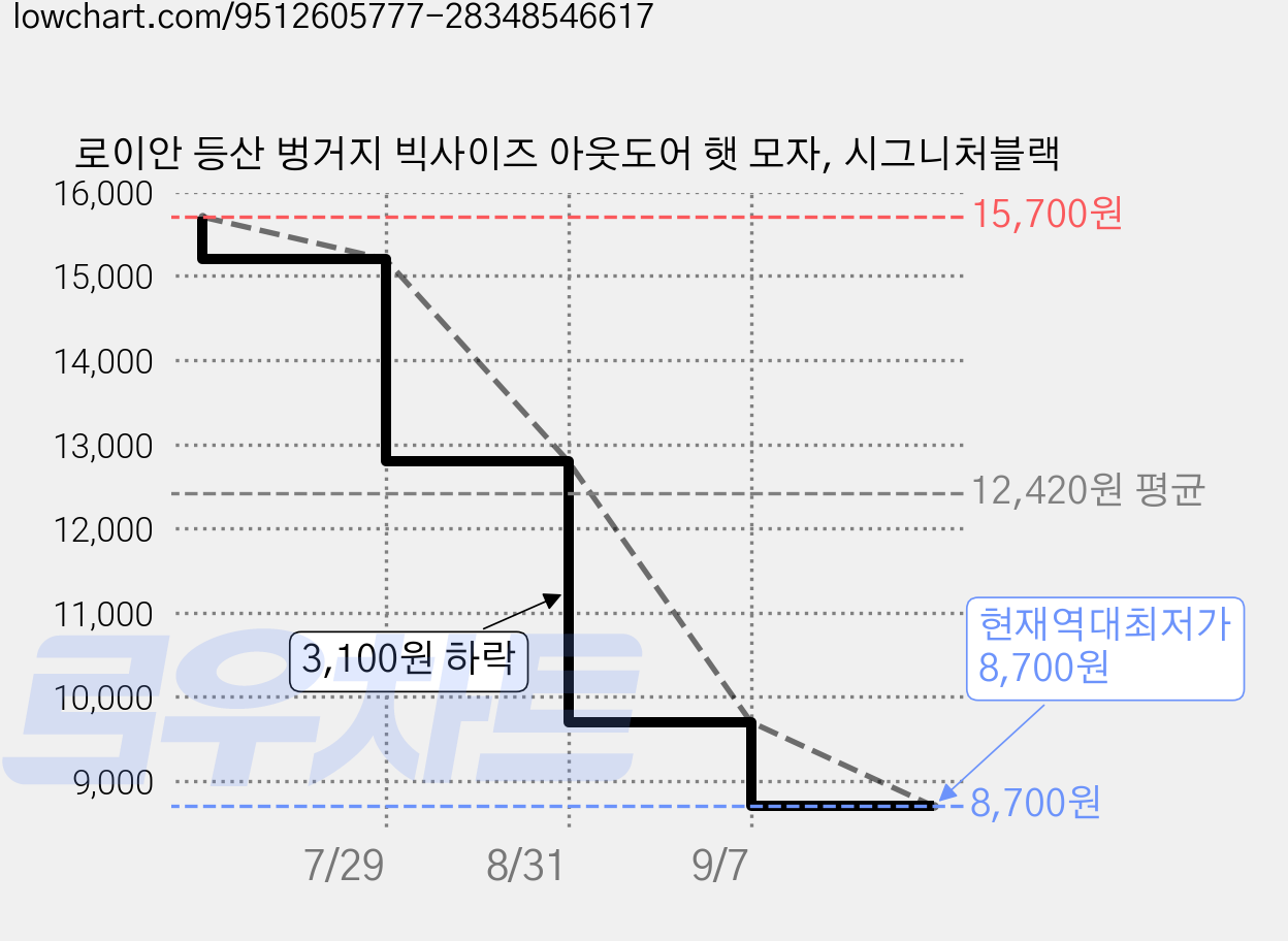 로이안 등산 벙거지 빅사이즈 아웃도어 햇 모자, 시그니처블랙 가격 변동 차트, 현재가 8,700원, 역대최저가