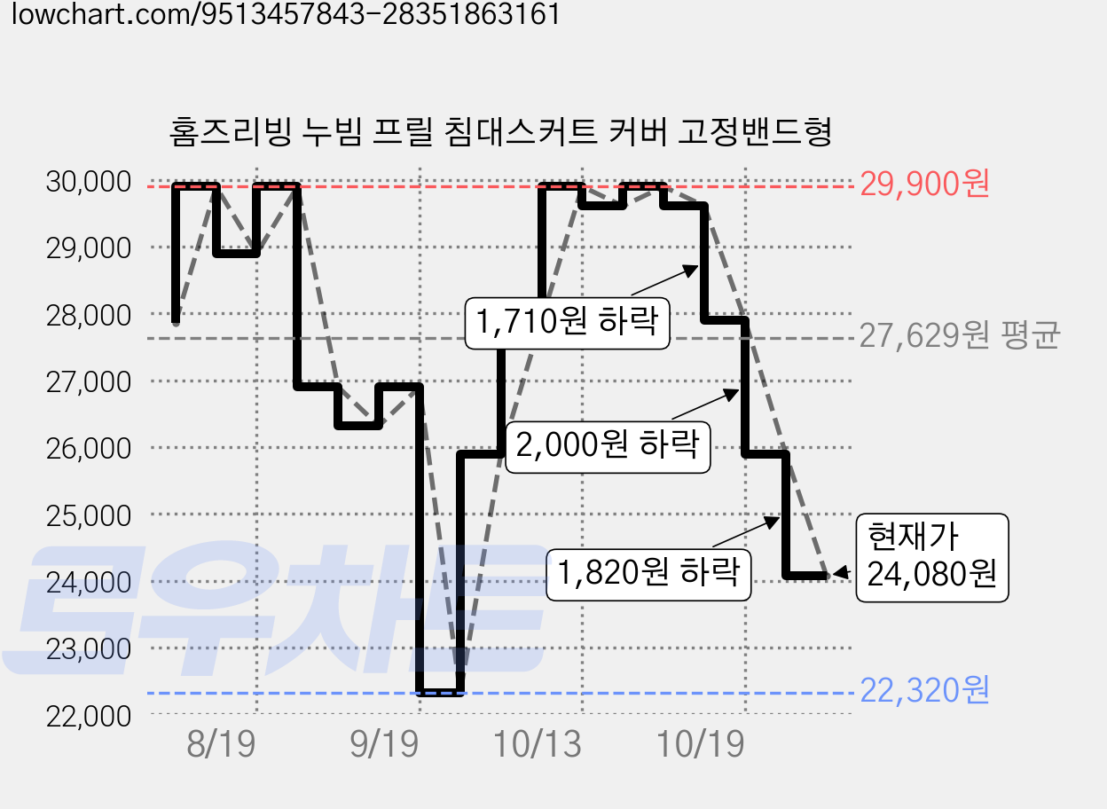 홈즈리빙 누빔 프릴 침대스커트 커버 고정밴드형 가격 변동 차트, 현재가 24,080원, 관측 최저가 22,320원