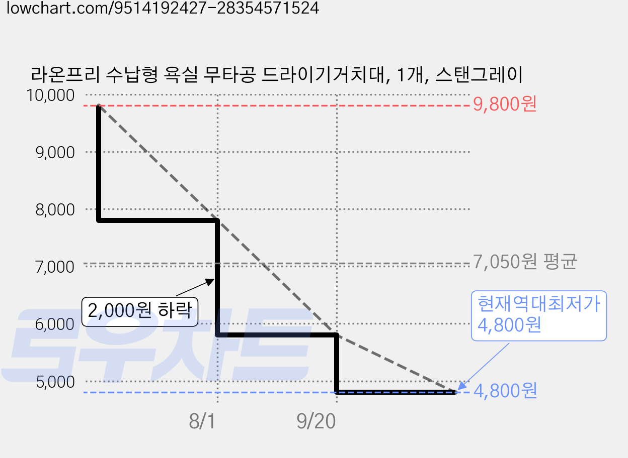 라온프리 수납형 욕실 무타공 드라이기거치대, 1개, 스탠그레이 가격 변동 차트, 현재가 4,800원, 역대최저가