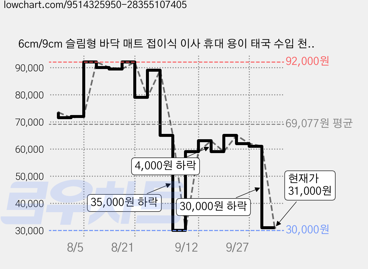 6cm/9cm 슬림형 바닥 매트 접이식 이사 휴대 용이 태국 수입 천연 라텍스 푹신한 바닥 토퍼 매트리스 110*200 가격 변동 차트, 현재가 31,000원, 관측 최저가 22,000원