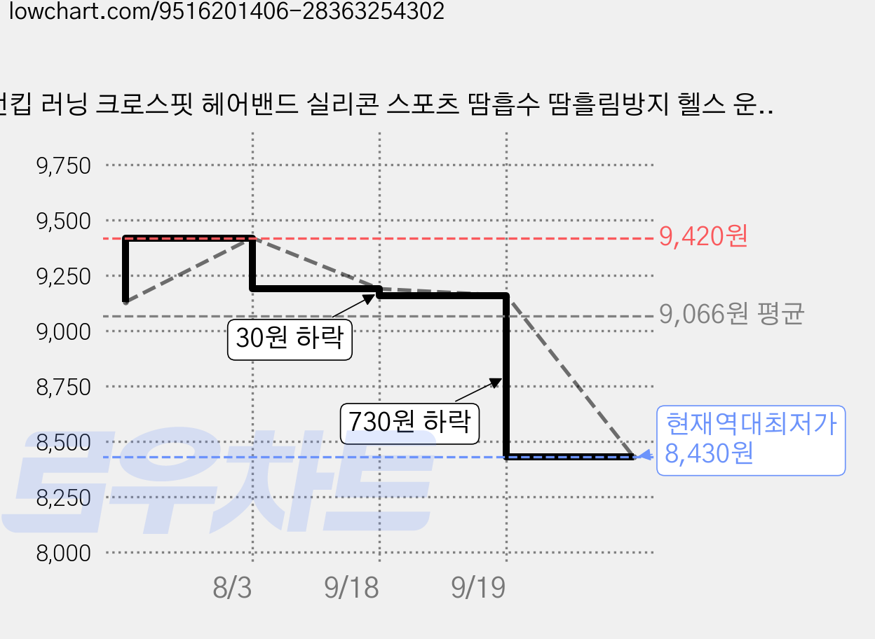 런킵 러닝 크로스핏 헤어밴드 실리콘 스포츠 땀흡수 땀흘림방지 헬스 운동, 그레이, 2개 가격 변동 차트, 현재가 8,430원, 역대최저가