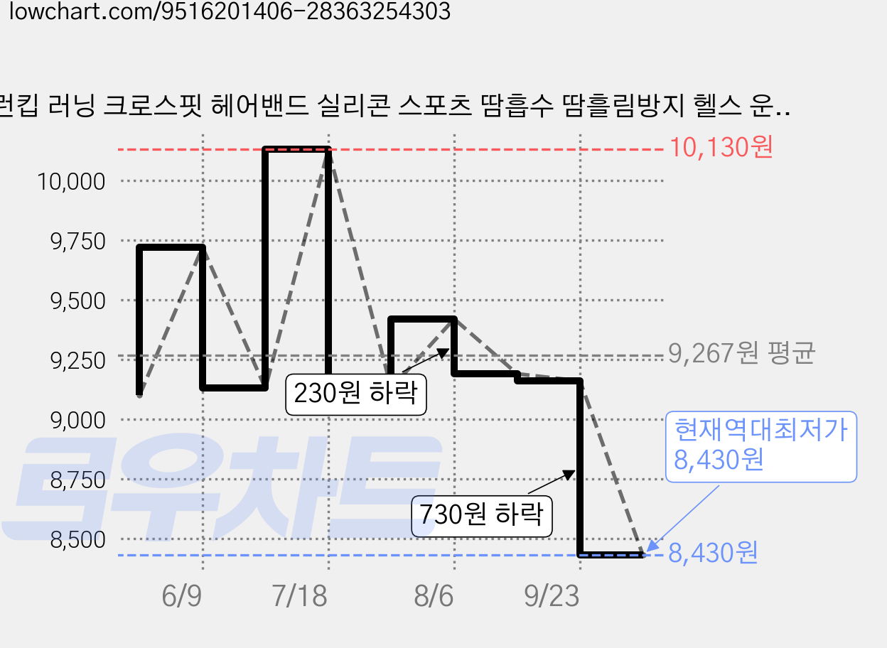 런킵 러닝 크로스핏 헤어밴드 실리콘 스포츠 땀흡수 땀흘림방지 헬스 운동, 블랙, 2개 가격 변동 차트, 현재가 8,430원, 역대최저가