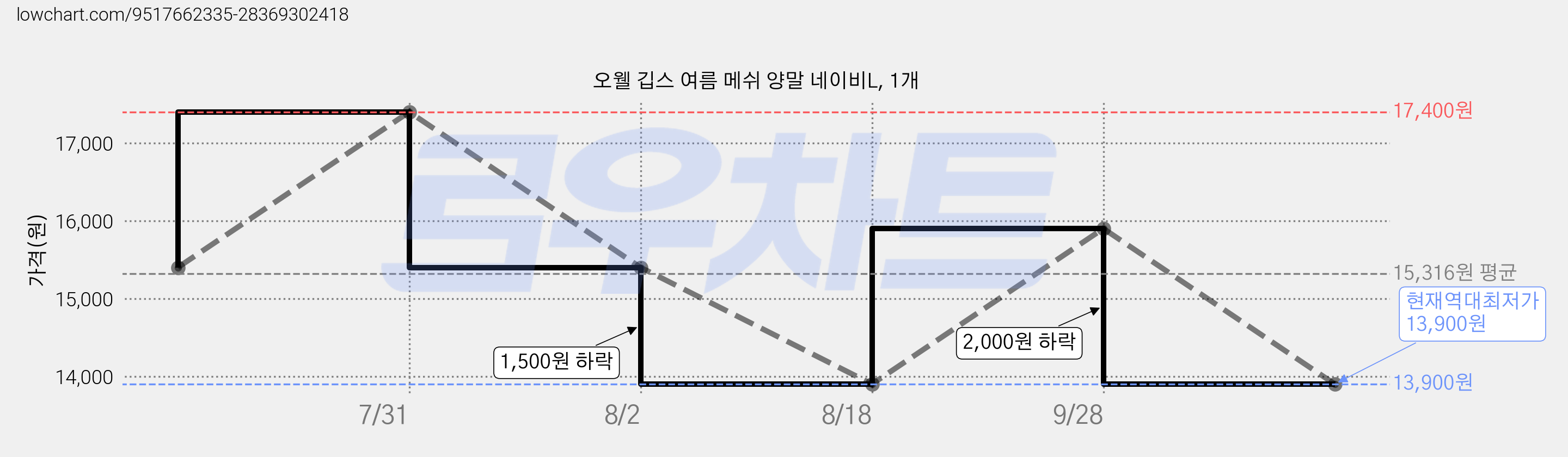 오웰 깁스 여름 메쉬 양말 네이비L, 1개 가격 변동 차트, 현재가 13,900원, 역대최저가