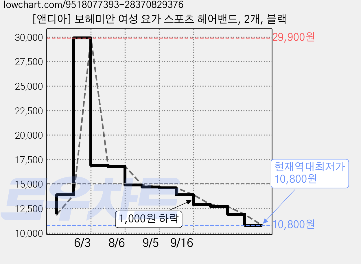 [앤디아] 보헤미안 여성 요가 스포츠 헤어밴드, 2개, 블랙 가격 변동 차트, 현재가 10,800원, 역대최저가