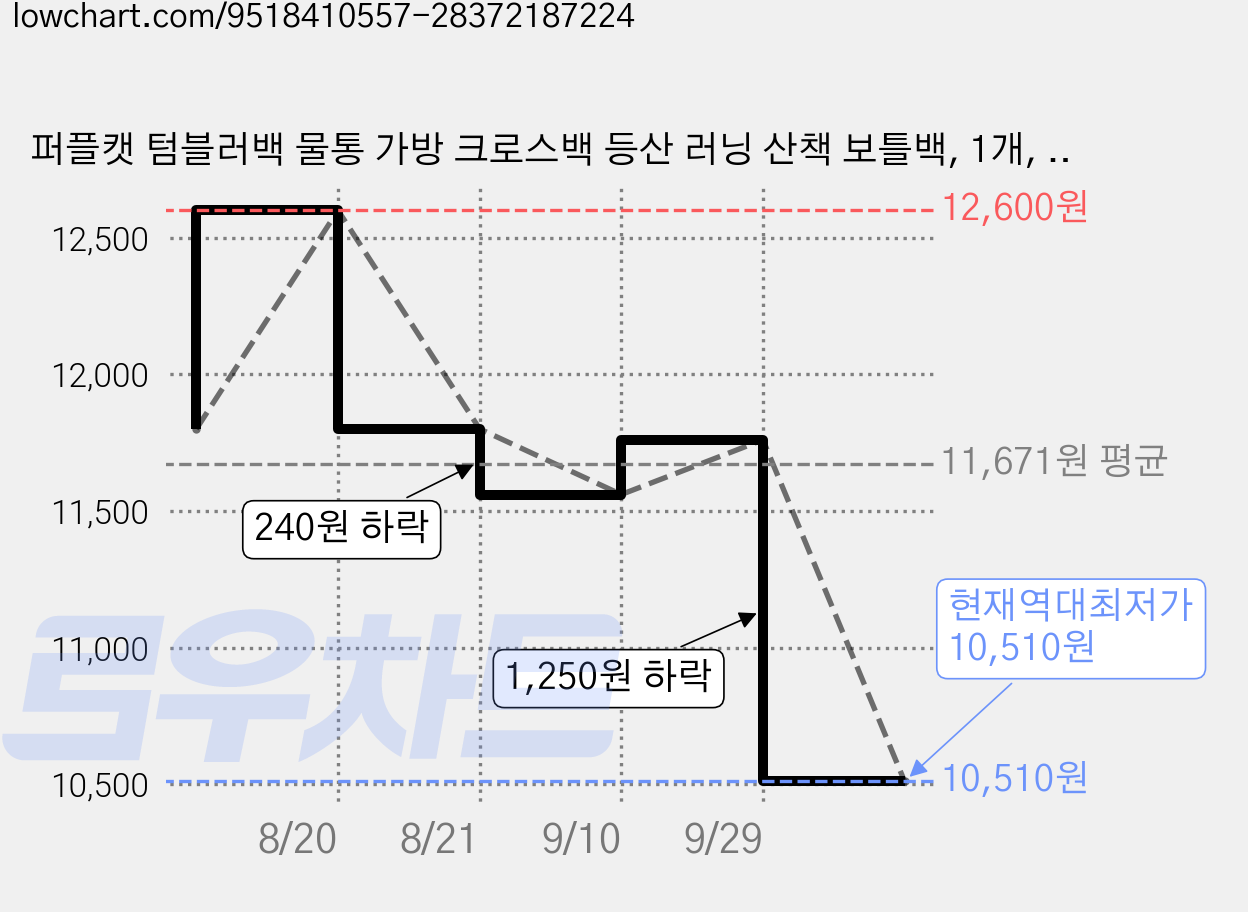 퍼플캣 텀블러백 물통 가방 크로스백 등산 러닝 산책 보틀백, 1개, 블랙 가격 변동 차트, 현재가 10,510원, 역대최저가