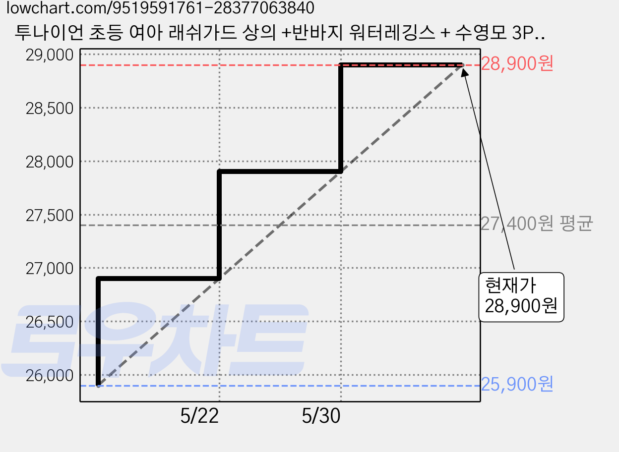 투나이언 초등 여아 래쉬가드 상의 +반바지 워터레깅스 + 수영모 3P세트 가격 변동 차트, 현재가 28,900원, 관측 최저가 25,900원