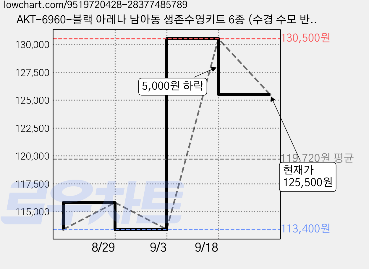 AKT-6960-블랙 아레나 남아동 생존수영키트 6종 (수경 수모 반팔래쉬가드 수영복 메쉬가방 타올 폴리백 세트) 가격 변동 차트, 현재가 125,500원, 관측 최저가 113,400원