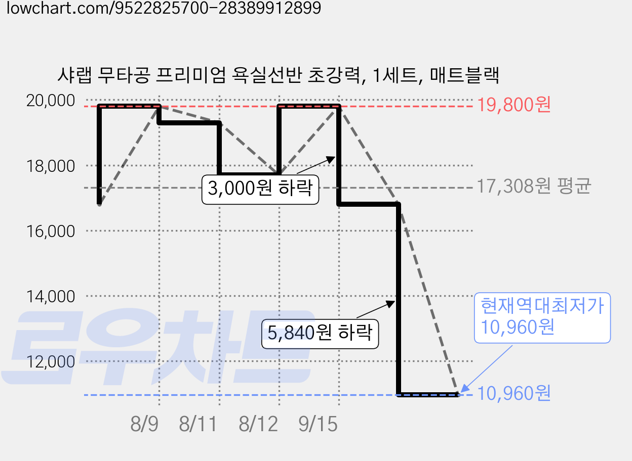 샤랩 무타공 프리미엄 욕실선반 초강력, 1세트, 매트블랙 가격 변동 차트, 현재가 10,960원, 역대최저가